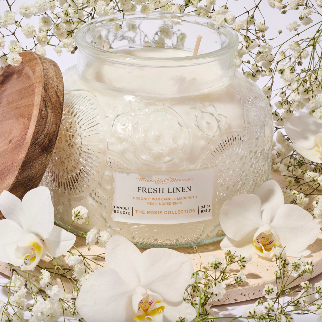 Sunday Reset Fresh Linen Natural Candle 33oz Rosie Collection Luxury Three Wickimage-alt