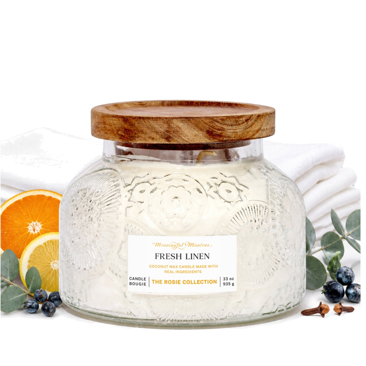 Sunday Reset Fresh Linen Natural Candle 33oz Rosie Collection Luxury Three Wickimage-alt