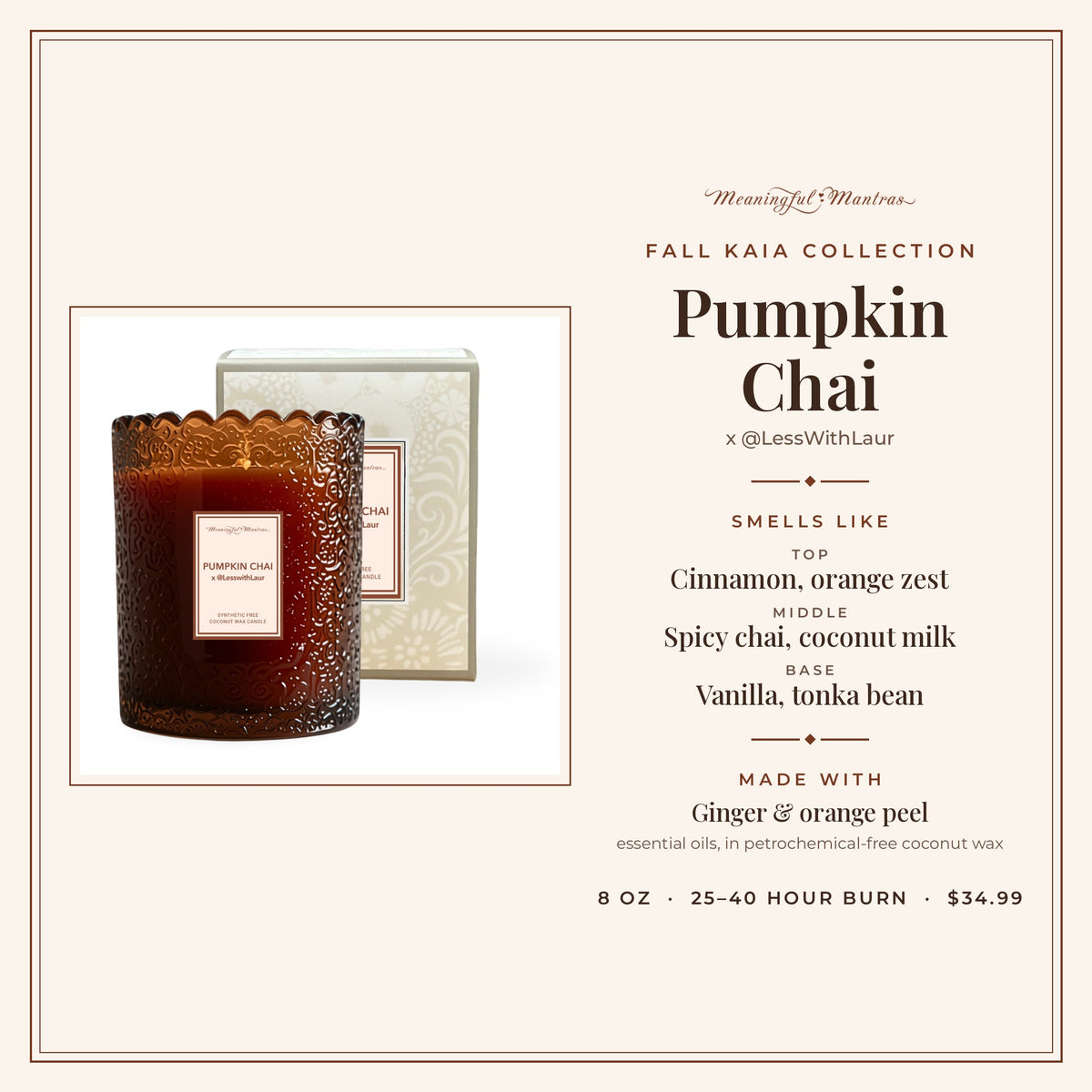 Pumpkin Chai x @LessWithLaur Natural Candle 8oz Kaia Collectionimage-alt